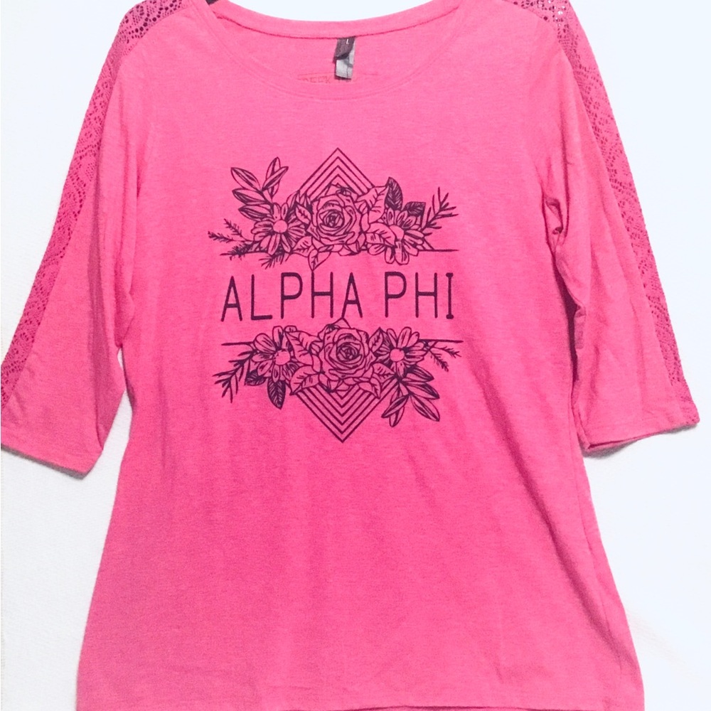 NWT DISTRICT MADE SORORITY "ALPHA PHI PINK WOMEN'S SHIRT WITH LACE SZ: L
